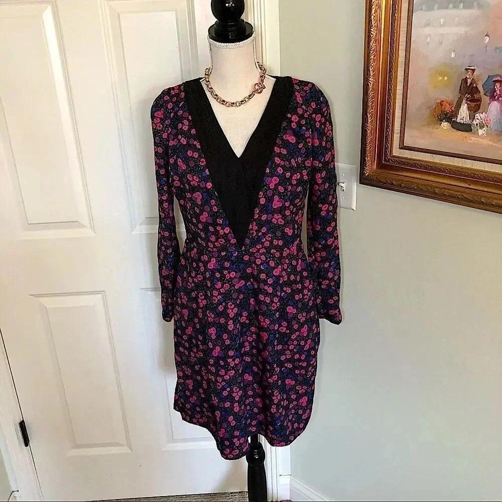 I love Ronson black/pink Liberty flower long sleeve A-line dress 8